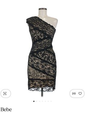 bebe Black Lace One-Shoulder Mini Dress with Nude Lining